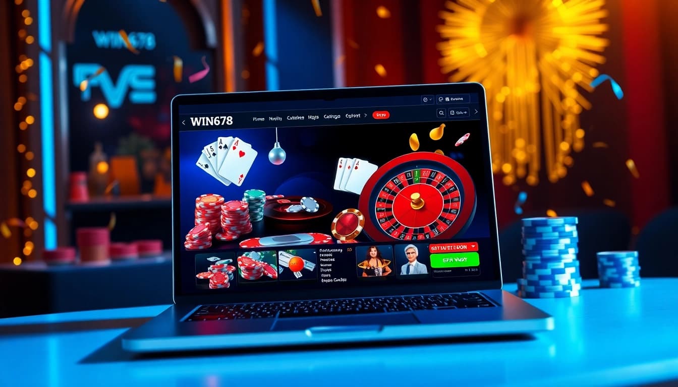 Experience luxury gaming at WIN678 with vibrant casino visuals of poker chips and roulette.