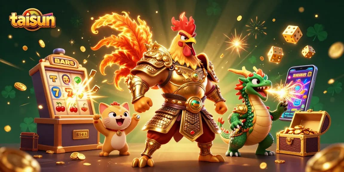 Taisun features a dynamic scene with a samurai rooster warrior, dragon hatchling, and a fortune cat amidst a burst of casino elements.