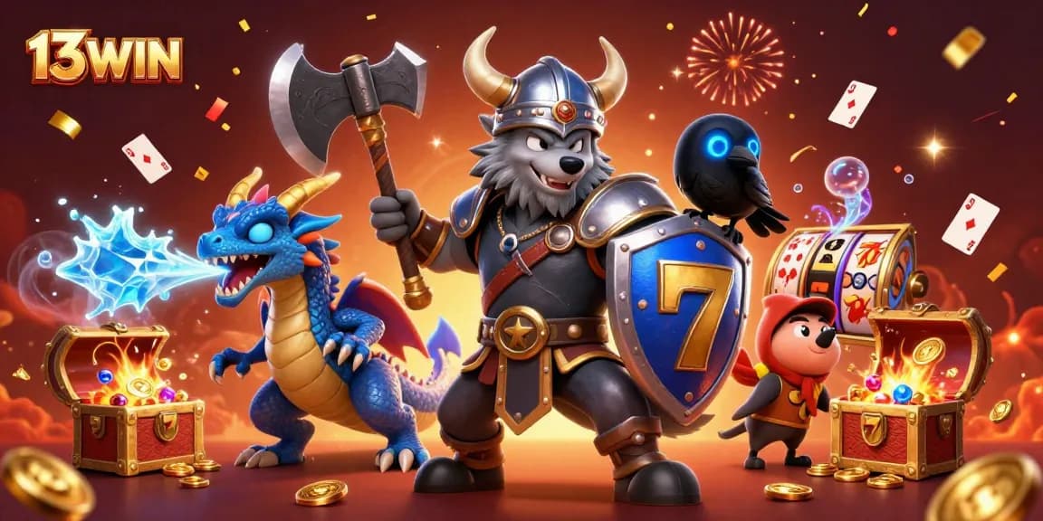 Experience exhilarating gameplay with 13WIN featuring a Viking warrior, dragon, and casino elements.