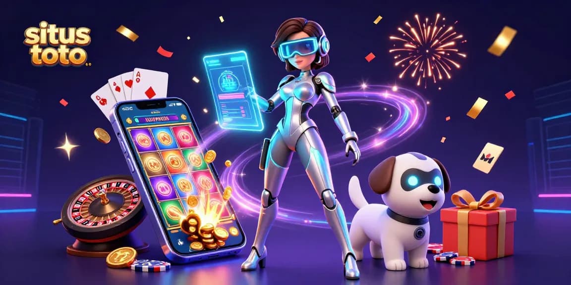 Situs toto offers a vibrant gaming experience with a futuristic woman and robot in a rich, celebratory casino scene.