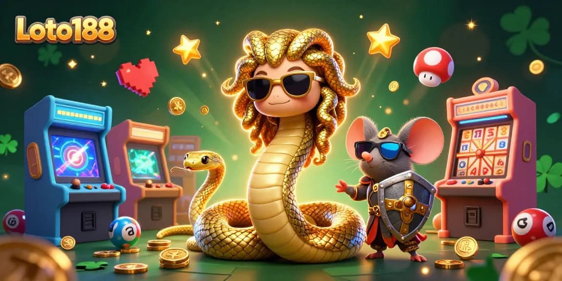 Engage your luck with Loto188's vibrant lottery scene featuring Medusa and a warrior mouse.