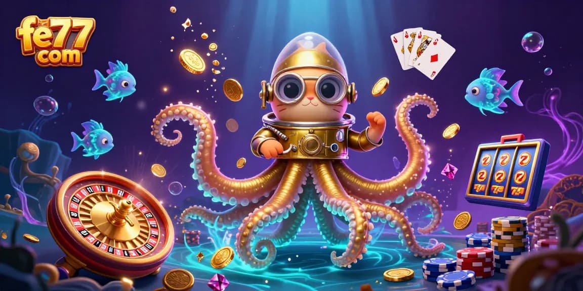 Taruhan di fe777 com dengan visual yang mendebarkan dari kraken dan harta karun dalam suasana kasino yang penuh warna.