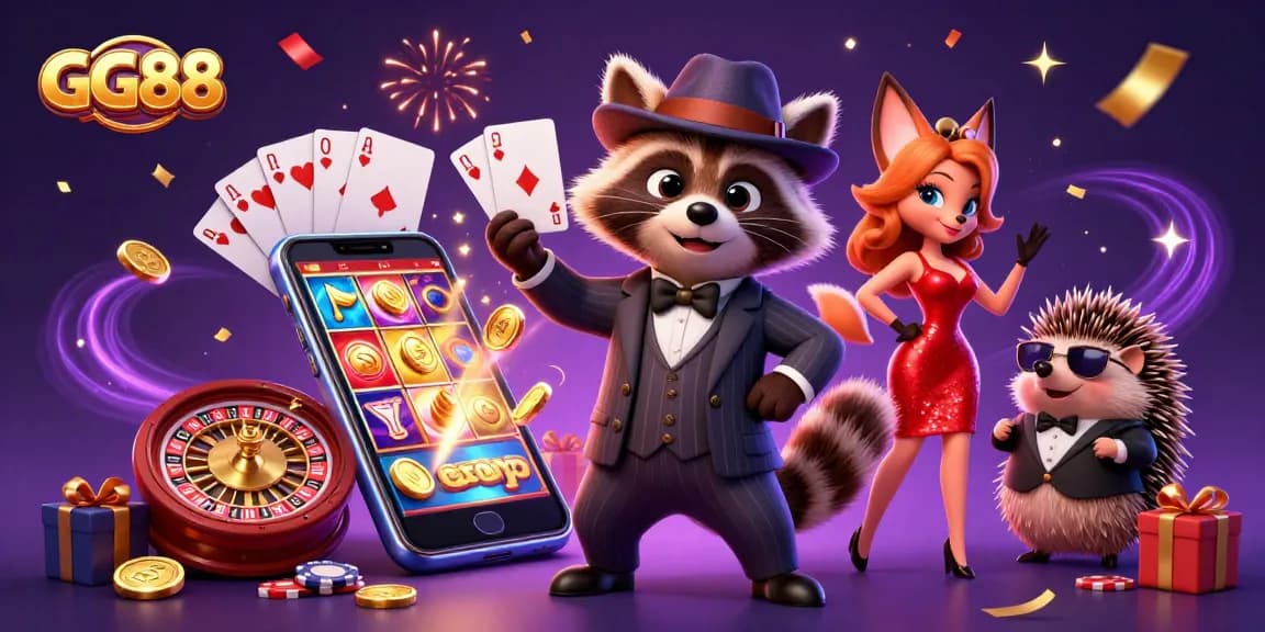 Experience the excitement of GG88 with characters enjoying a lively casino atmosphere and slot games.