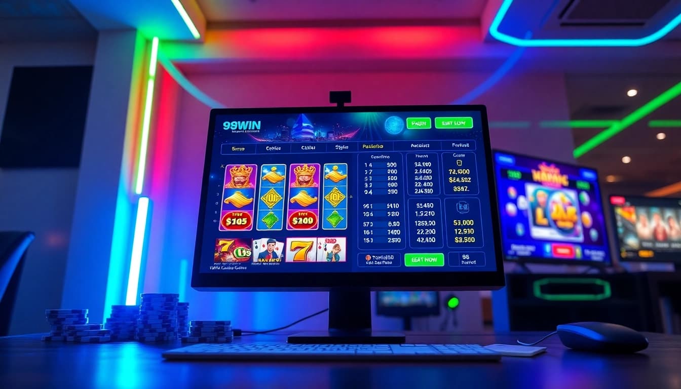 Experience the thrill of online gaming with 98WIN's vibrant digital interface showcasing exciting slot games.