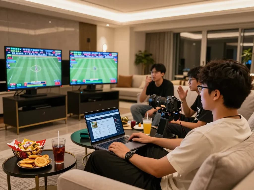 Engaged sports bettors analyzing odds on keonhacaii88 with devices and snacks in a cozy setting.