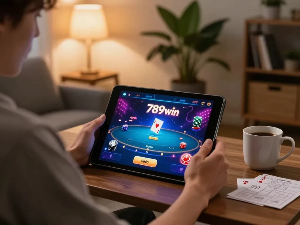 Engaging in a thrilling online poker session at 789win in a cozy home environment.