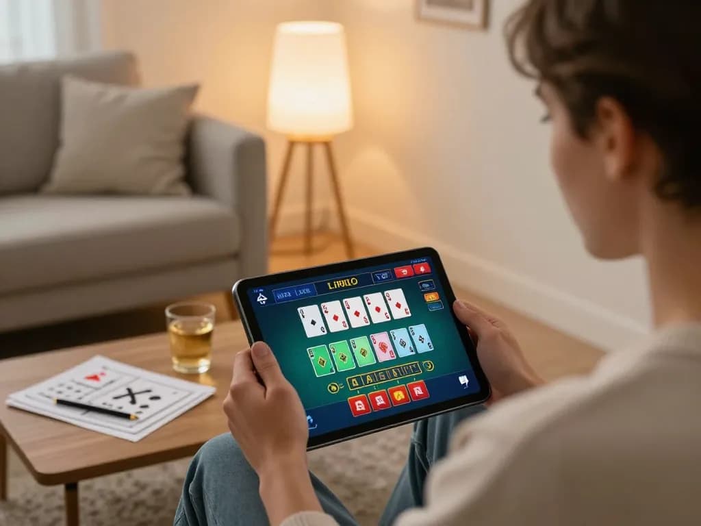 Engaged at hitclub, player strategizing for online blackjack in a cozy home setting.