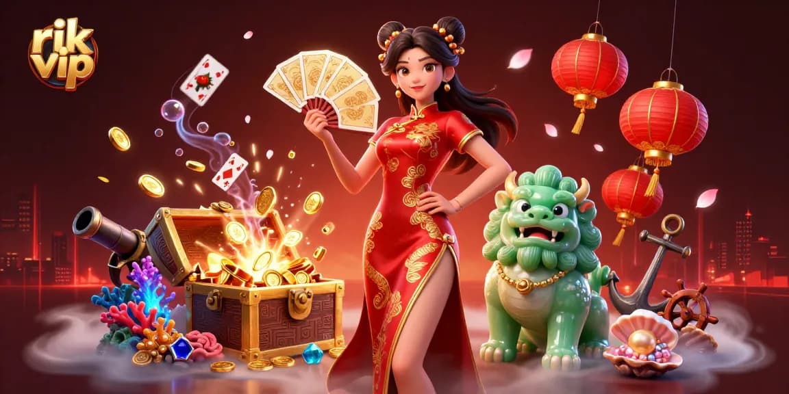Experience the thrill of rik vip in a vibrant casino scene, with golden cards and treasures.