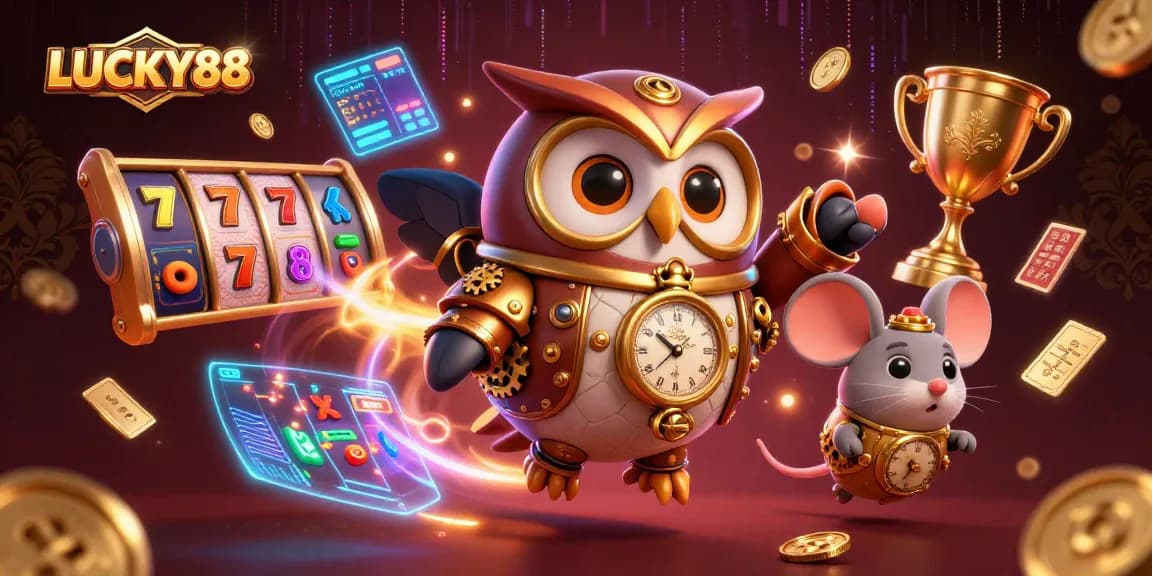 Experience thrilling gameplay with LUCKY88, where the adventurous owl encounters dynamic slot reels and casino excitement.