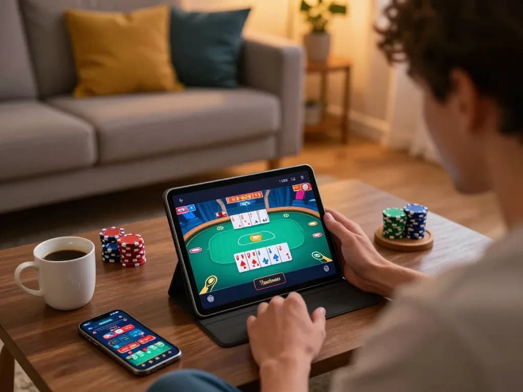 Engaging moment of a player at okwin casino using a tablet to play poker from a cozy home environment