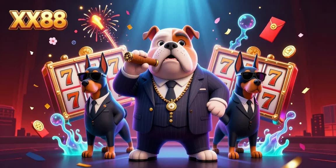 Engaging scene illustrating XX88 casino with a bulldog mafia boss and Doberman bodyguards amidst dynamic slot reels and celebratory elements.