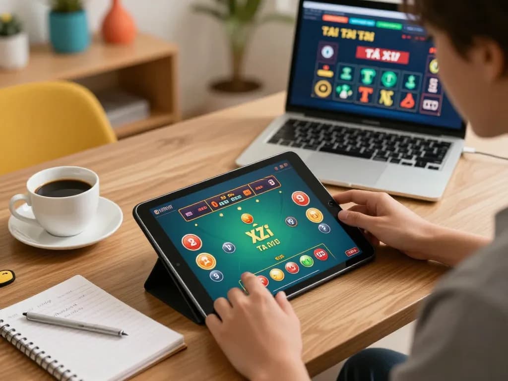 Tài Xỉu online gameplay on a tablet in a cozy home setup with strategy notes visible.