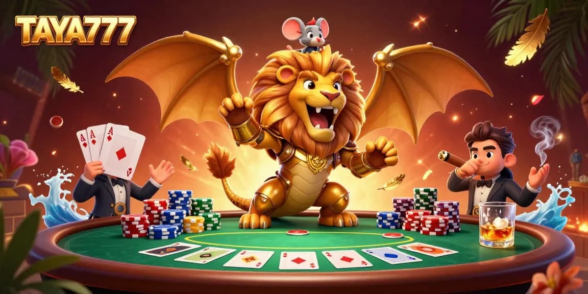 TAYA777 features a triumphant chimera creature and mouse jockey amidst a vibrant poker scene.