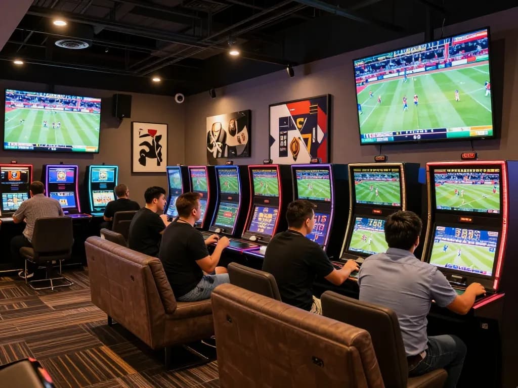 Experience the excitement of live sports betting at Ta88, with patrons actively placing wagers amid dynamic screens.