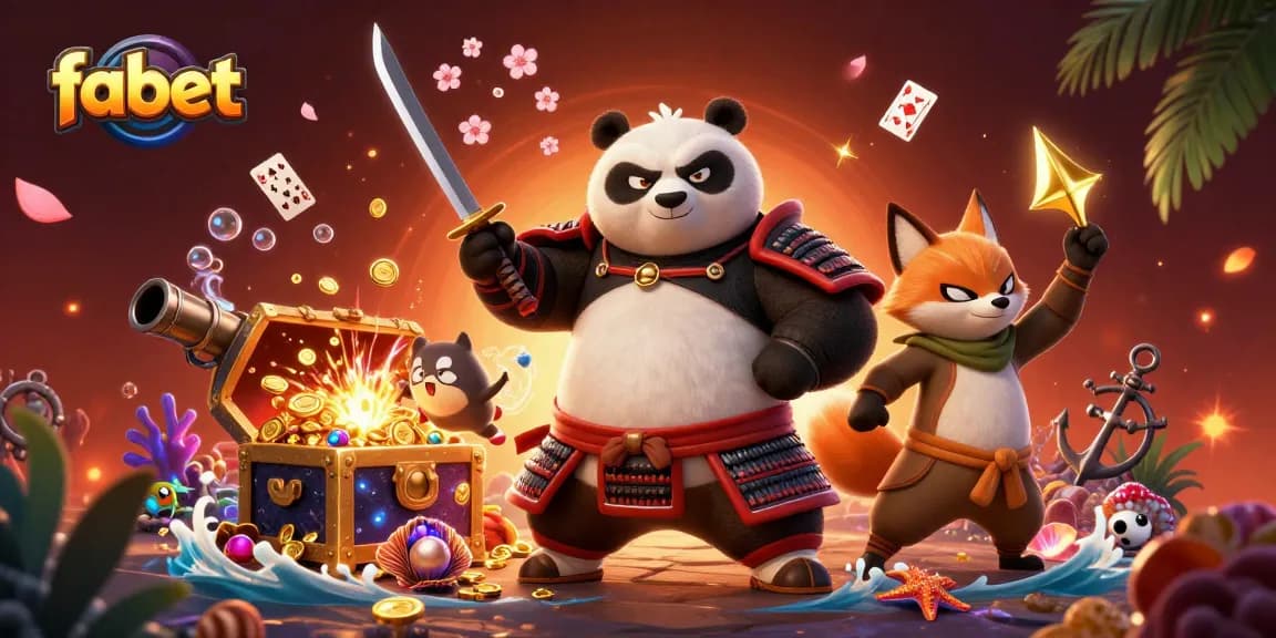 Experience the excitement of fabet with a vibrant illustration of a samurai panda and ninja fox in a dynamic casino scene.