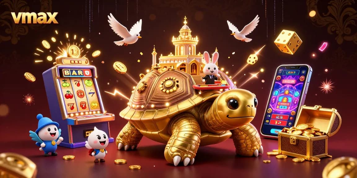 Spin and win at VMAX with a vibrant casino scene showcasing dynamic gold coins and interactive games.
