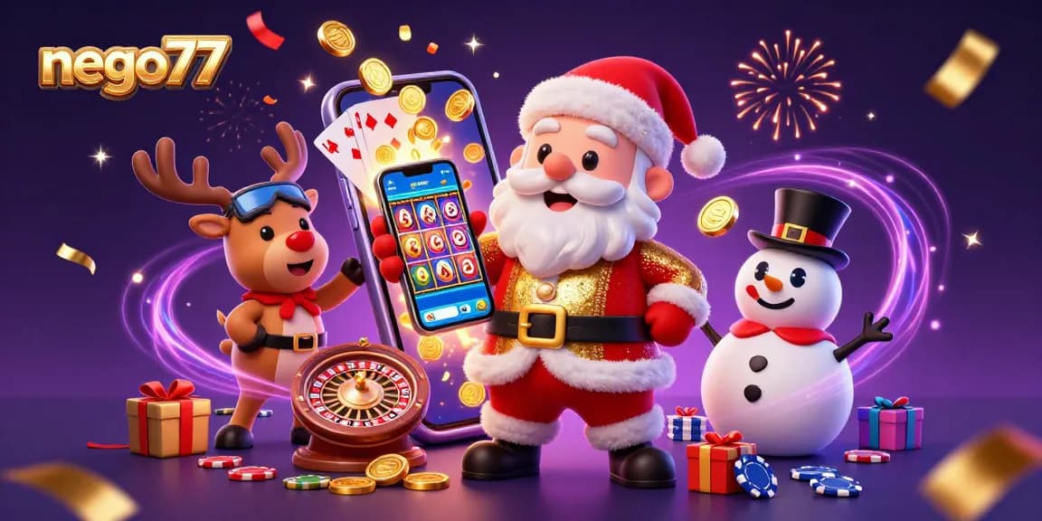 Enjoy the thrills of nego77 with a festive 3D casino illustration showcasing jackpot slots and festive characters.