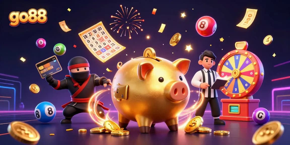 go88 showcases an energetic scene with a golden piggy bank wrestler surrounded by colorful game elements, perfect for online gaming.