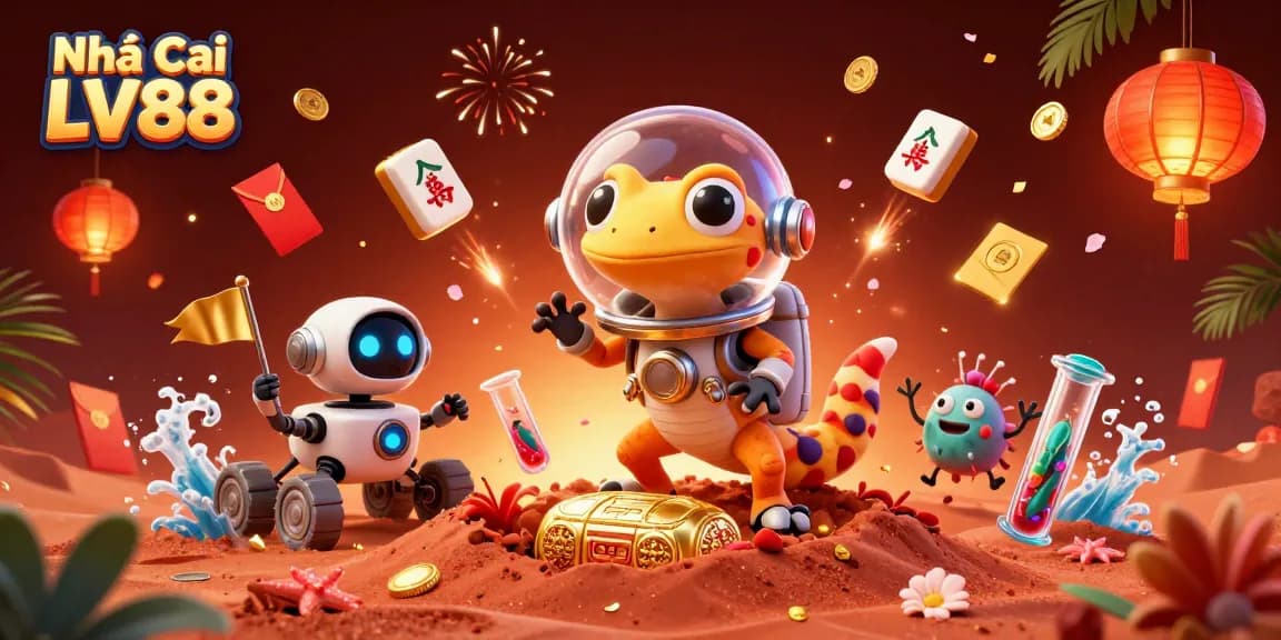 Engage with Nhà Cái LV88's playful Martian gecko in an exciting casino adventure amidst vibrant elements.