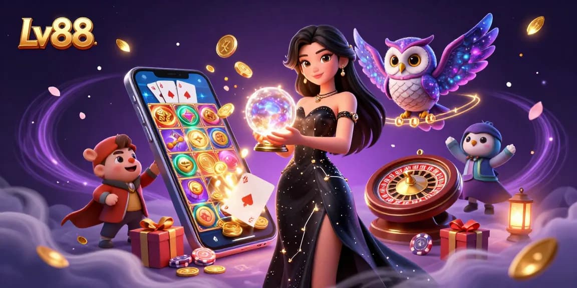 Experience rich gaming energy at Lv88 with a mystical scene blending slots, cards, and enchanting characters.