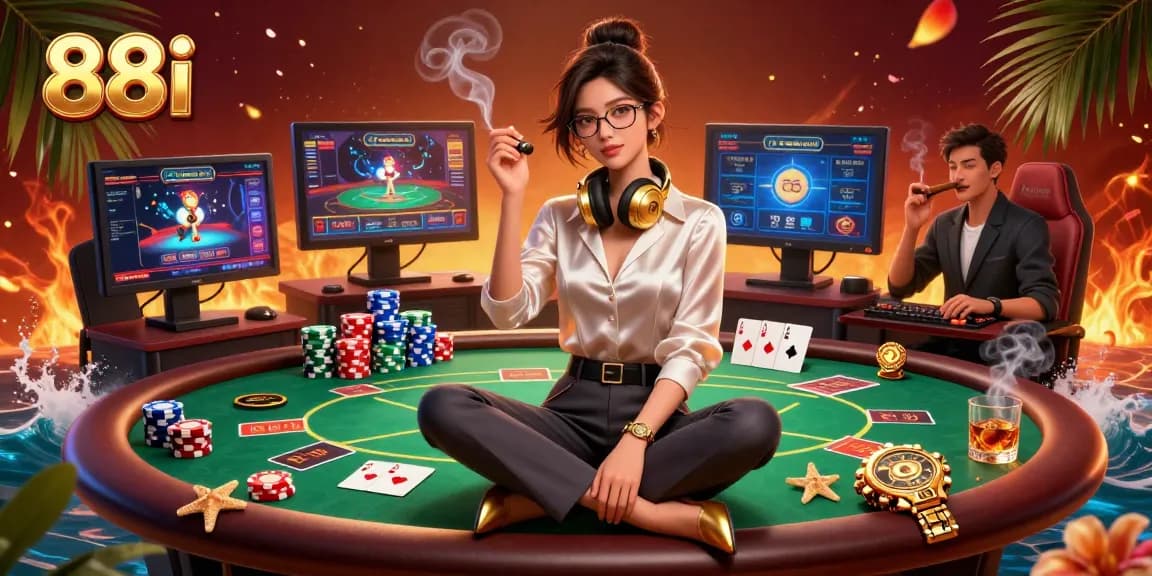 Experience exciting casino gameplay on 88i featuring a professional gamer at a high-tech setup with poker elements.