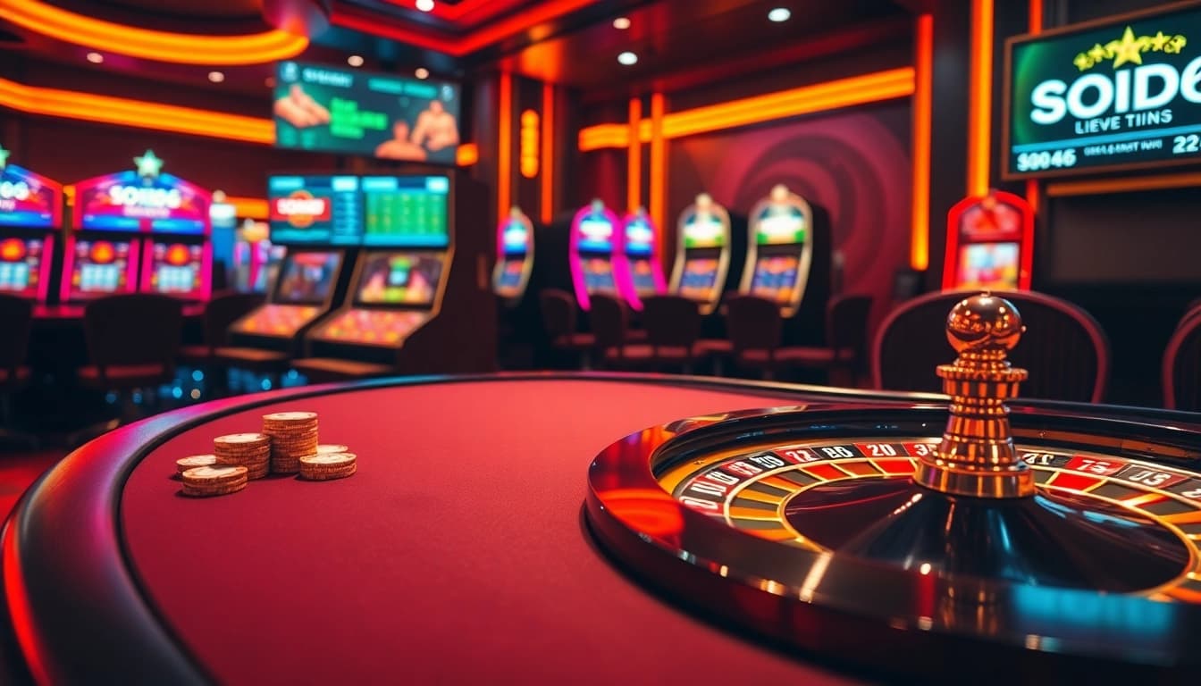 SODO66 reveals a luxurious online casino experience with vibrant slot machines and a gleaming poker table.