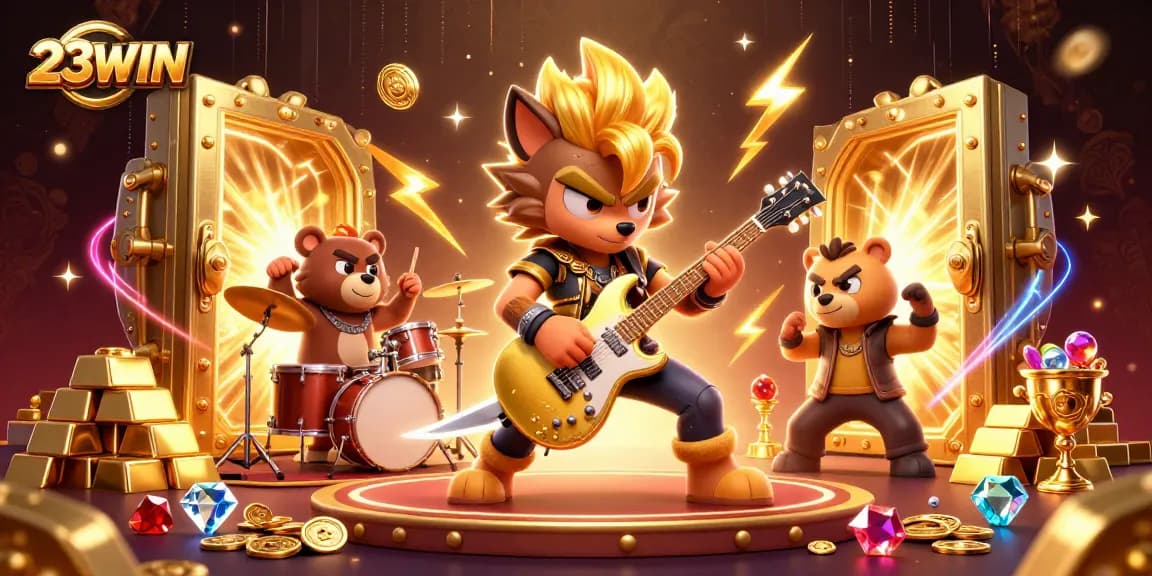 Experience the excitement of 23WIN with a dynamic casino stage scene featuring vibrant characters and gold treasures.