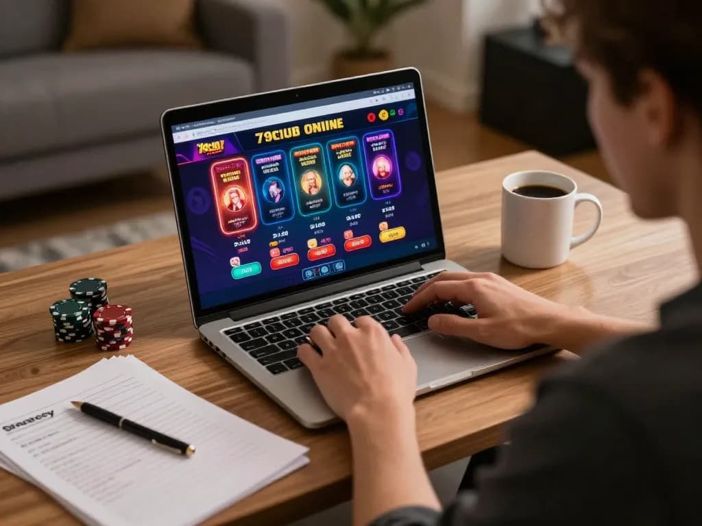 Person engaging in online casino gameplay at 79club, showcasing a casual home setup with strategic notes.