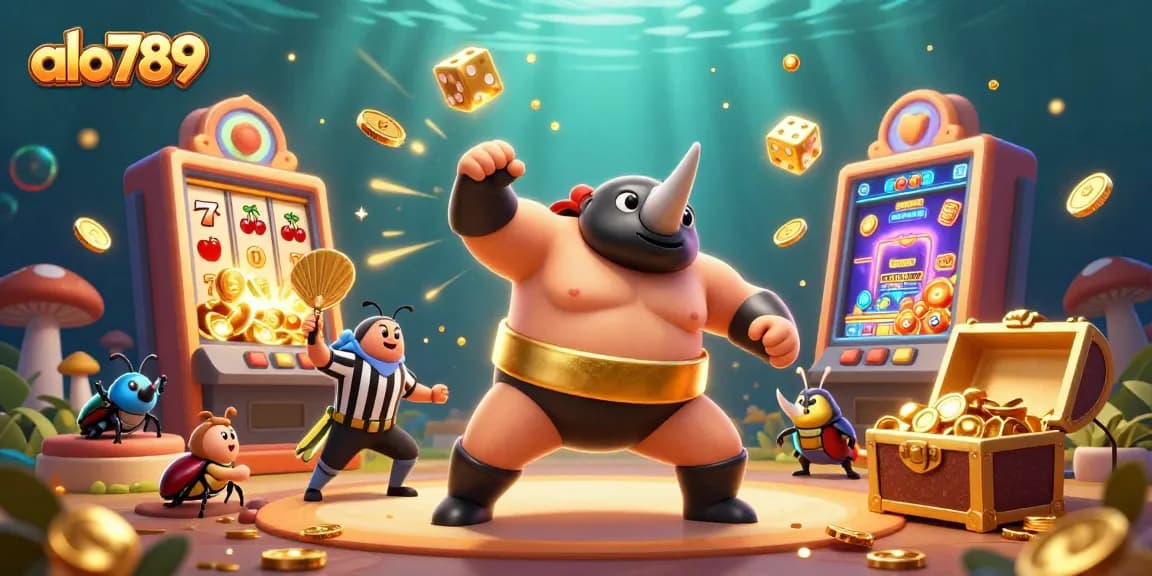 Alo789 features a dynamic online casino scene showcasing a sumo champion beetle celebrating a jackpot win amid flying coins and casino elements.