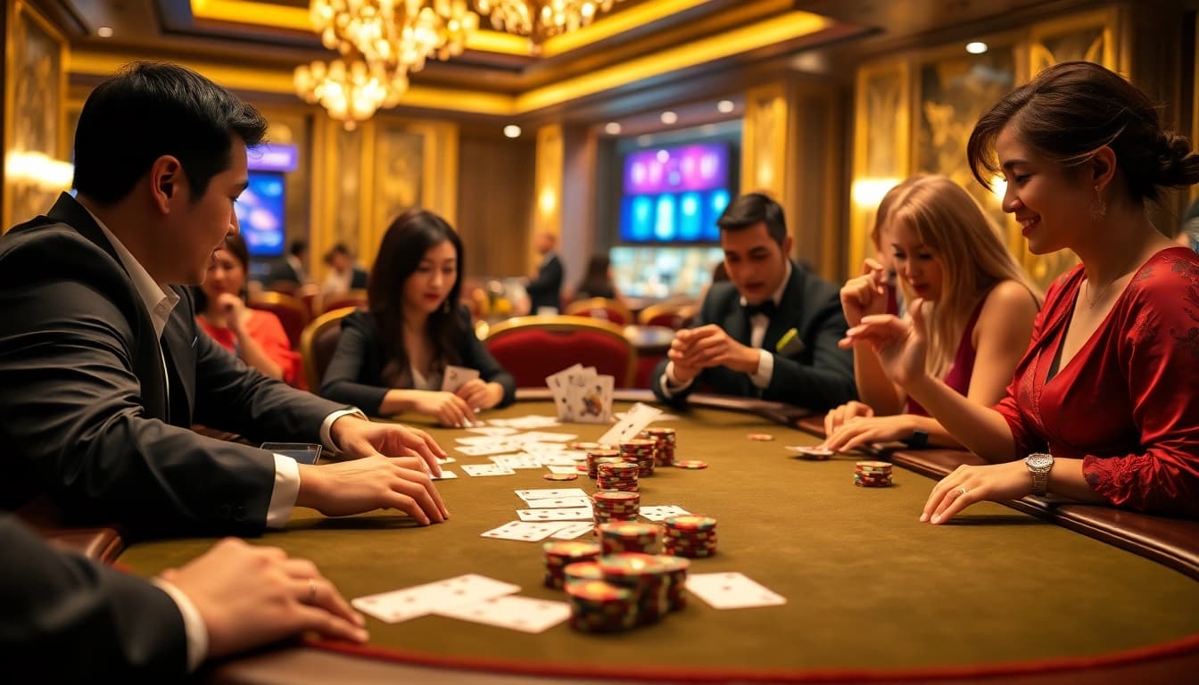 Mastering Chiến Thuật Chơi Phỏm at an exciting casino table with focused players and vibrant poker chips.
