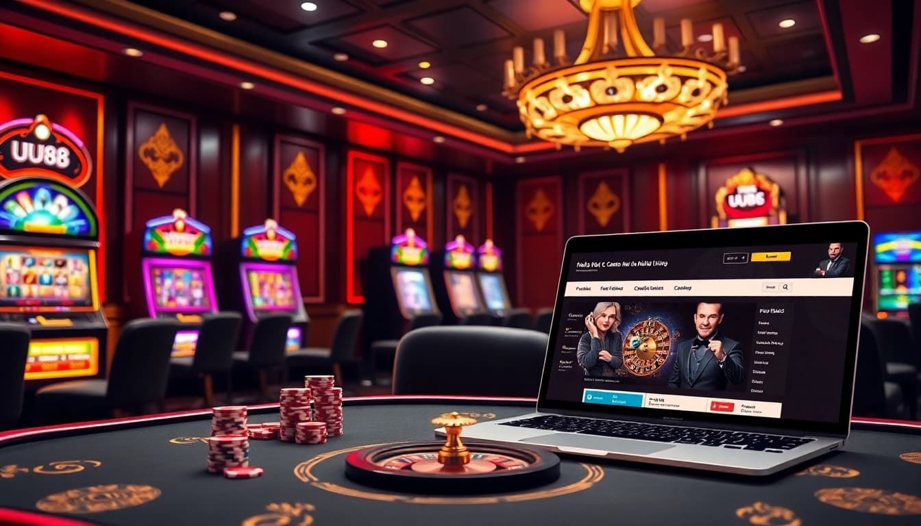 Experience luxury at Nhà cái UU88 casino with vibrant slot machines and a roulette table.
