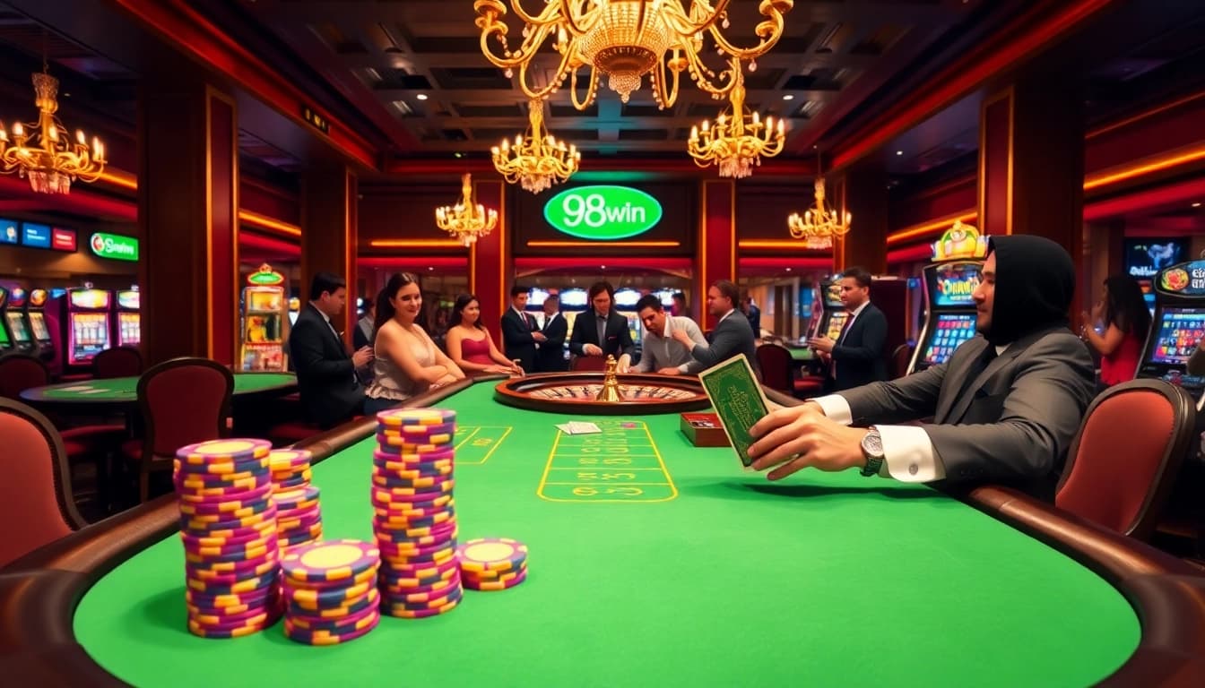 Experience excitement at 98win's luxurious casino with players enjoying table games.