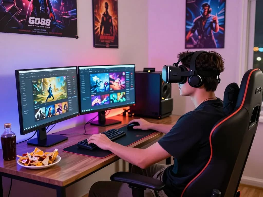 Engaged gamer using go88 platform with immersive VR setup and vibrant gaming gear.
