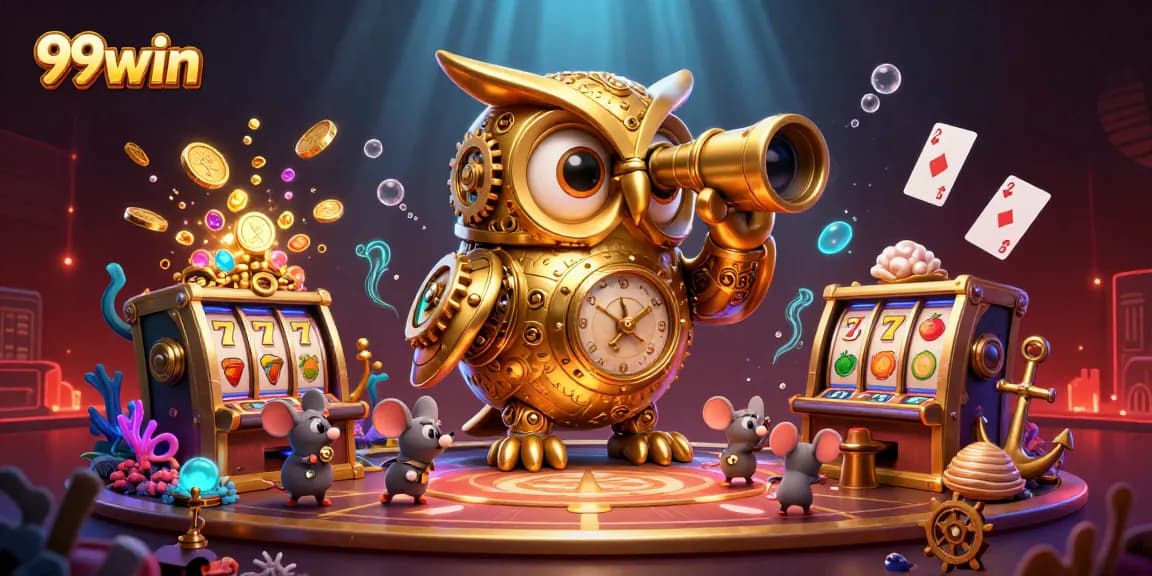 Win big at 99win as a golden owl surveys colorful slot machines and treasure chests.