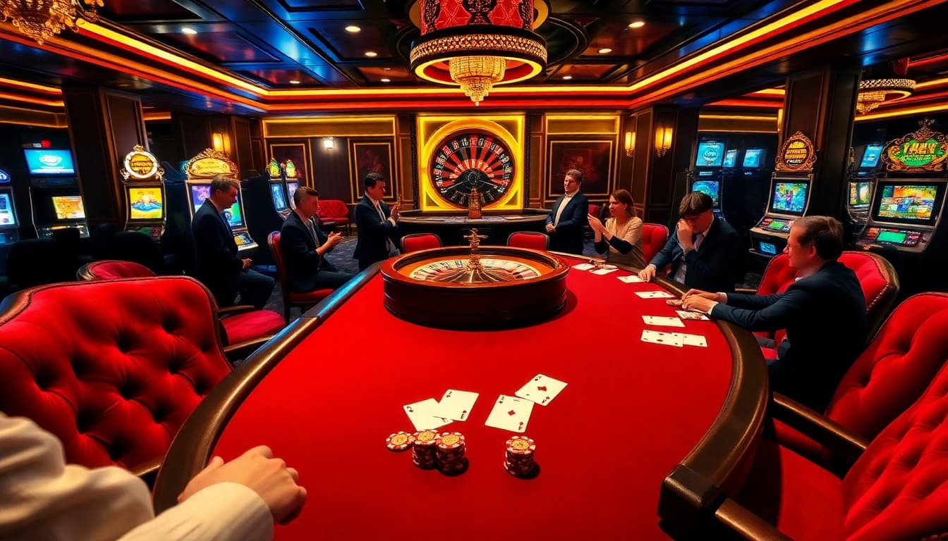Experience an exciting poker game at bk8 with vibrant casino lights and dynamic betting action.