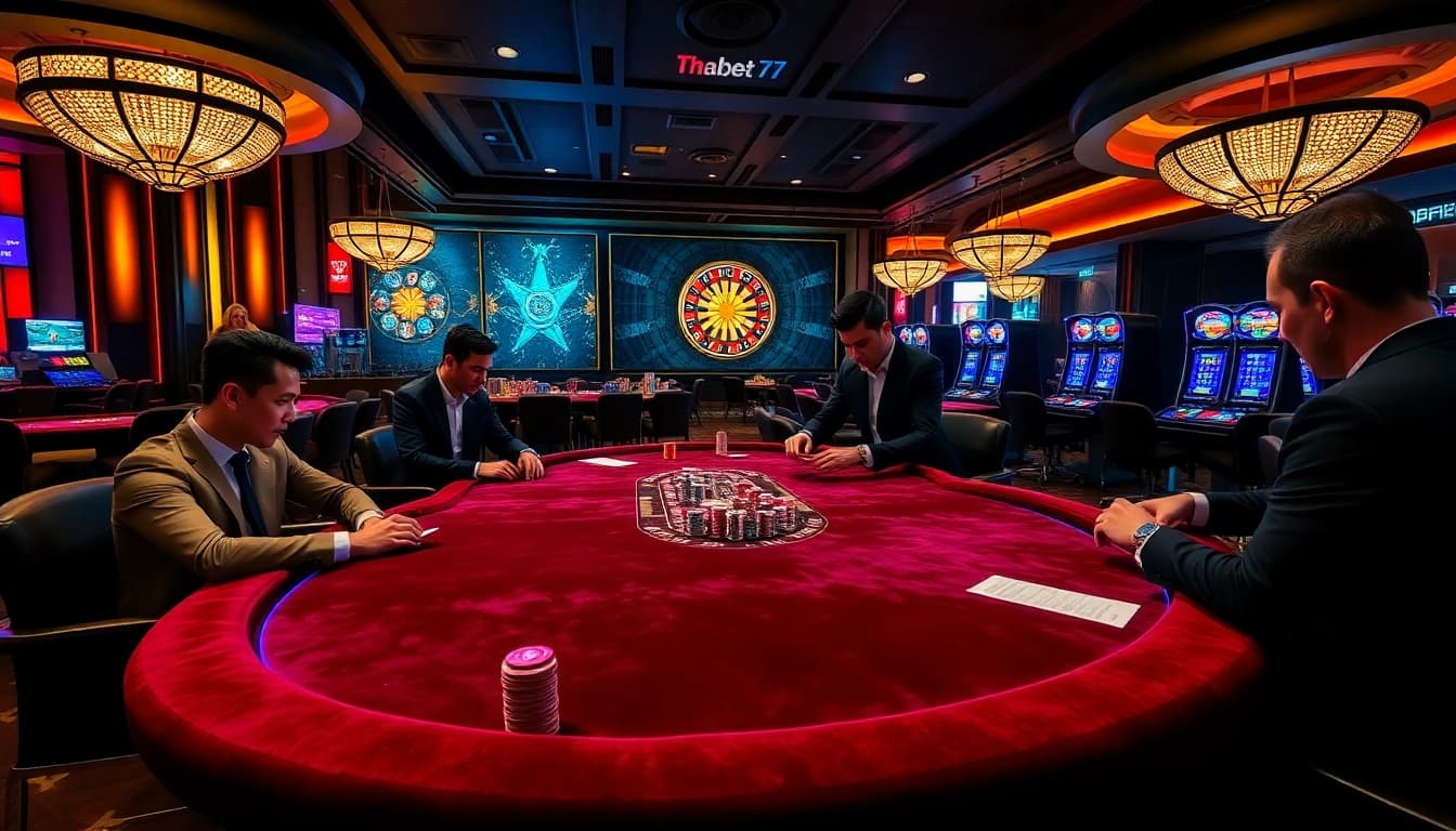 Experience thrilling gameplay at Thabet77 casino with vibrant tables and excited players.