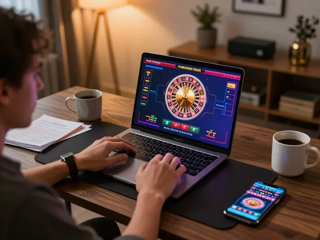 Nohu90 player enjoying live dealer roulette game on stylish laptop