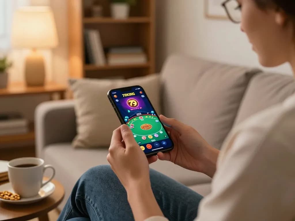 Engaged player using the 79KING mobile app for online poker gaming.