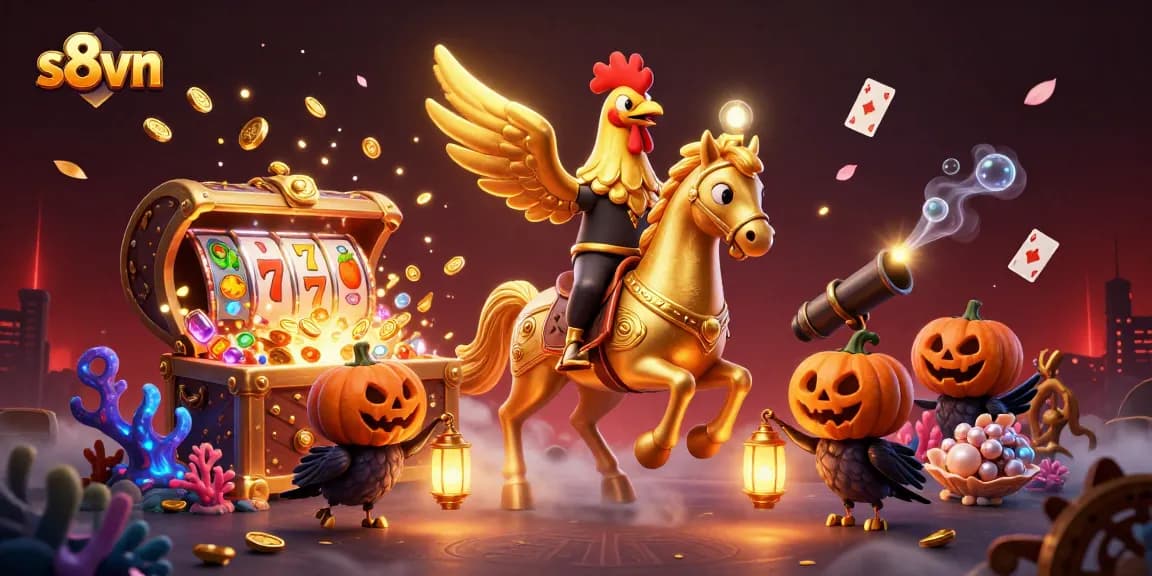 S8vn showcases thrilling slots with a golden rooster character leading the action in a vibrant casino.