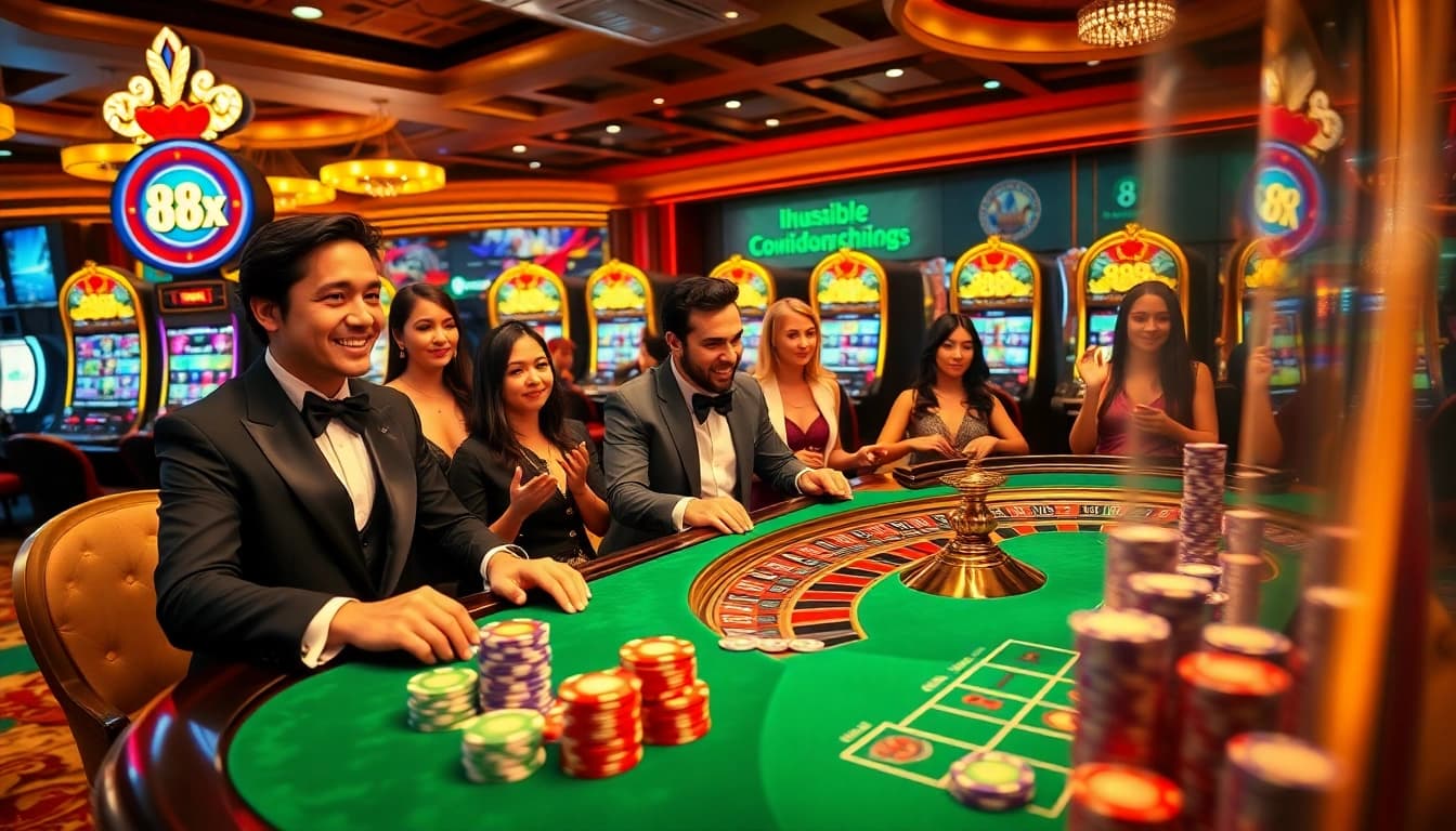 Excited players at a casino table engaging in thrilling bets at 88xx.