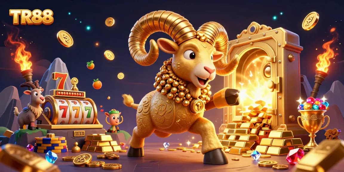 Experience the thrill of TR88 with golden ram and vibrant slot elements in this dynamic casino scene.