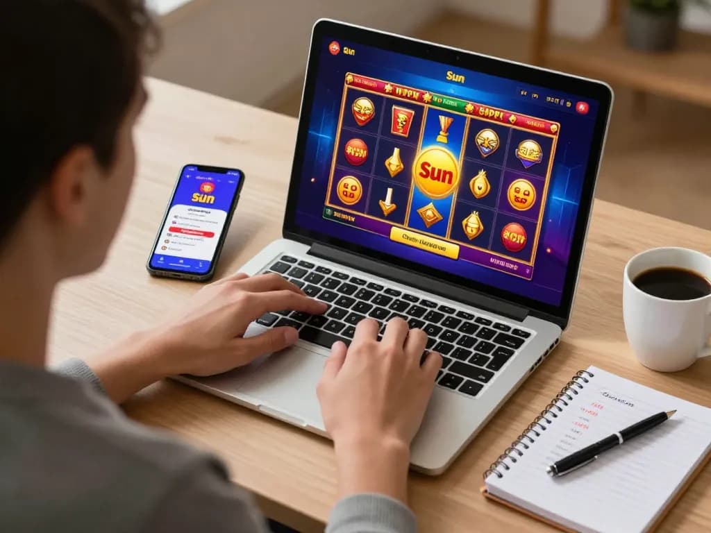 Engaged player enjoying Sun win online casino game at home, colorful slot interface visible on laptop.