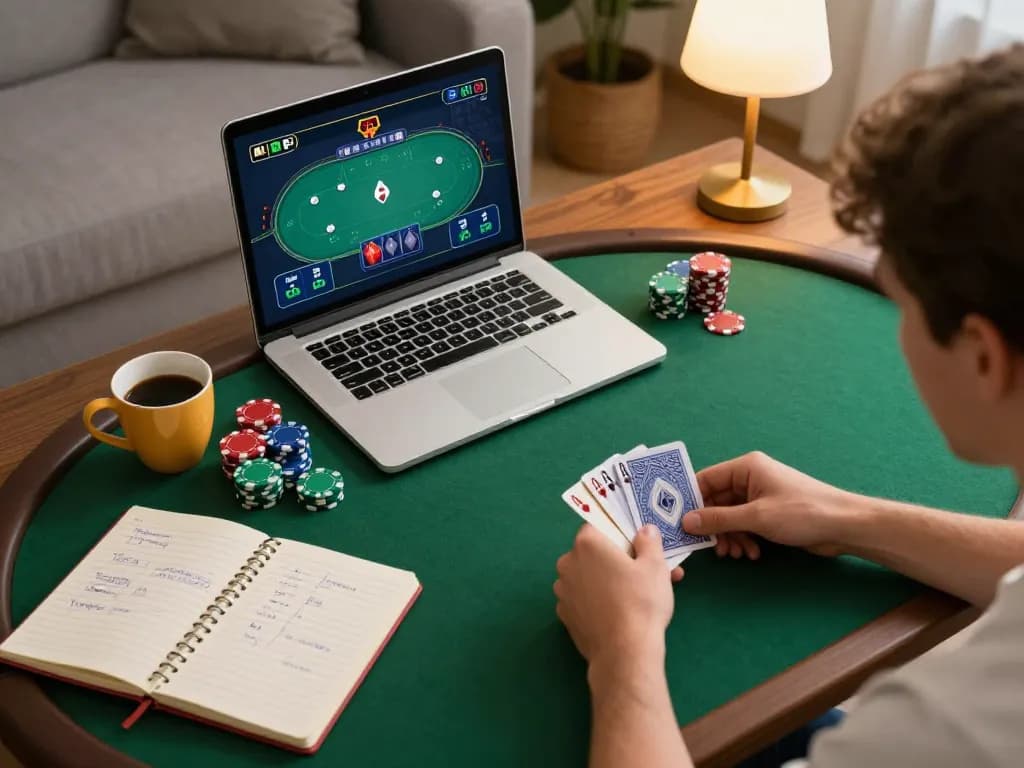 Engaged player analyzing cards during an online poker game at home on LV88 platform