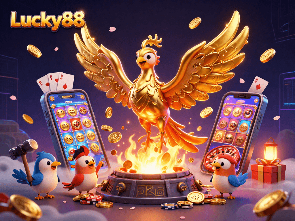 Experience thrilling excitement at Lucky88 with a golden phoenix, casino games, and riches.