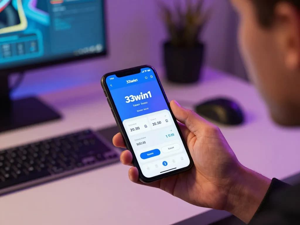 Engaged user analyzing betting options on the 33win1 app in a cozy gaming setup.
