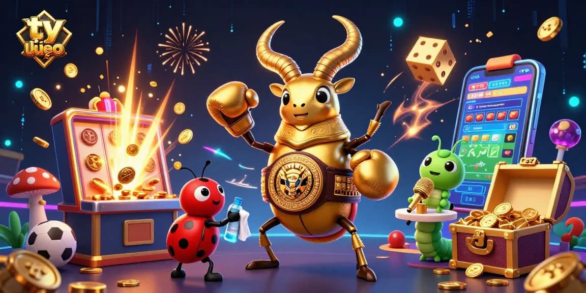 Engage in sports betting with tỷ lệ kèo, featuring a golden stag beetle champion and vibrant casino elements.