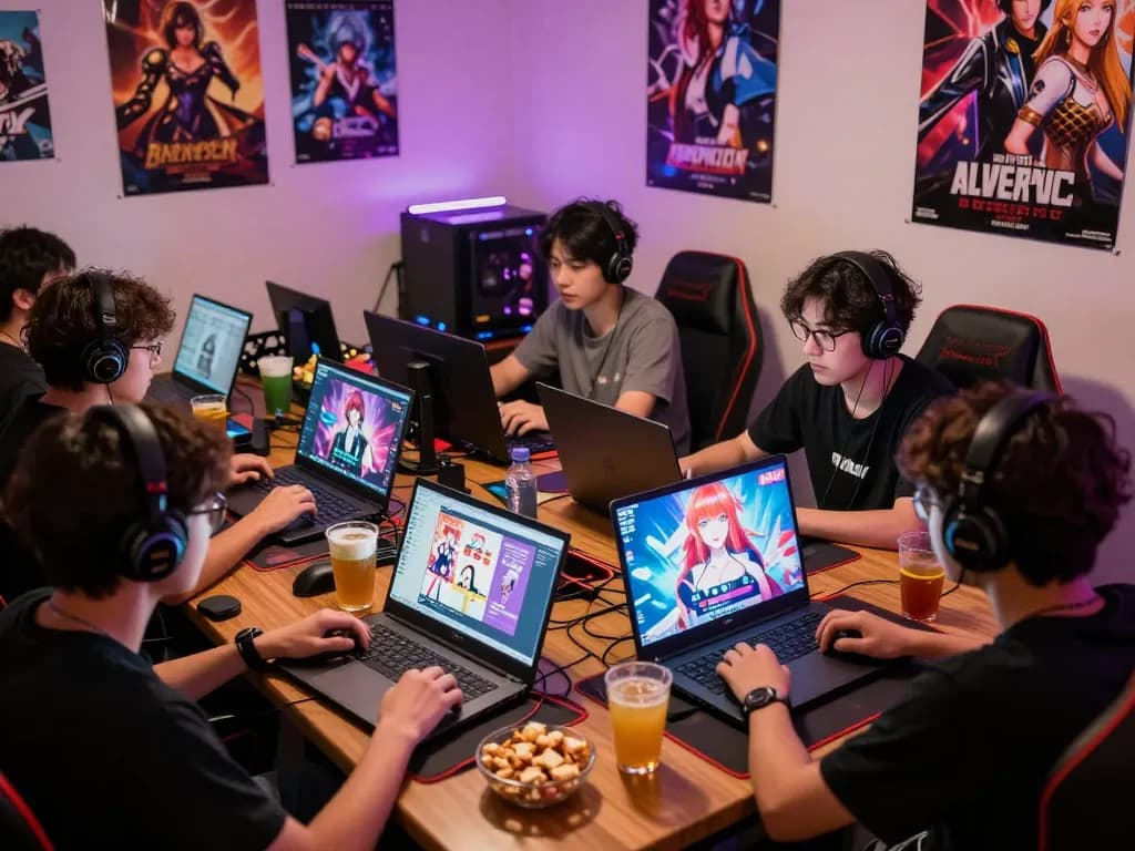 Engaging group playing popular porn games on various devices, showcasing vibrant graphics and social interaction in a cozy gaming atmosphere.