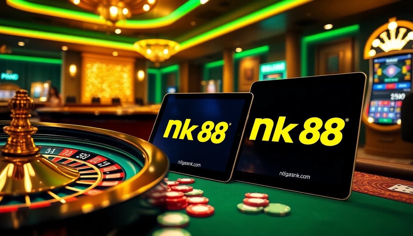 Experience the thrill of betting at https://nk88nk.com/ with luxurious casino visuals including a roulette wheel and poker setup.
