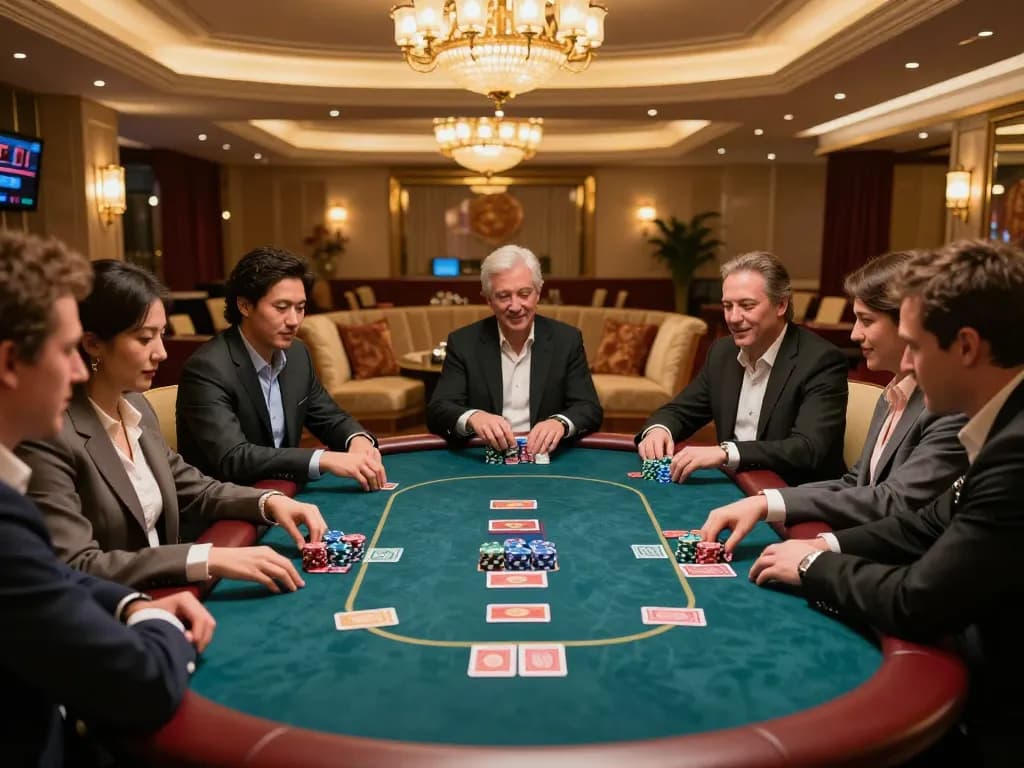 fun79 vip players enjoying a high-stakes poker game in an elegant casino setting