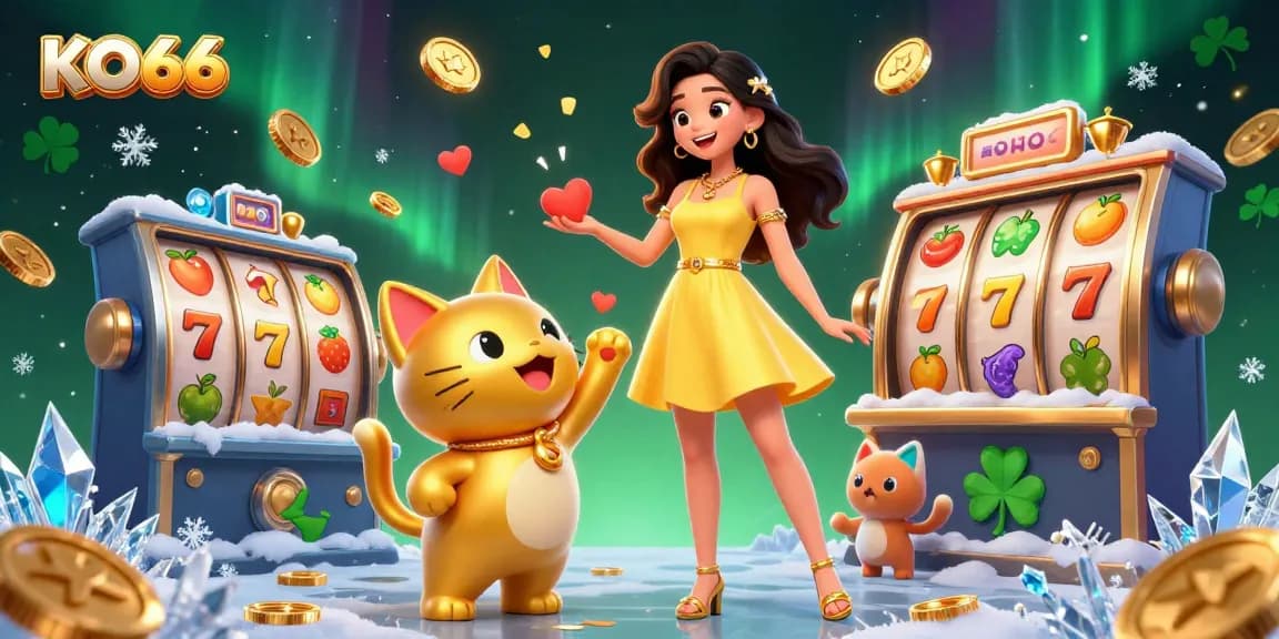 Engage at KO66 Casino with vibrant slots, a cheerful Asian woman, and lucky cat celebration.